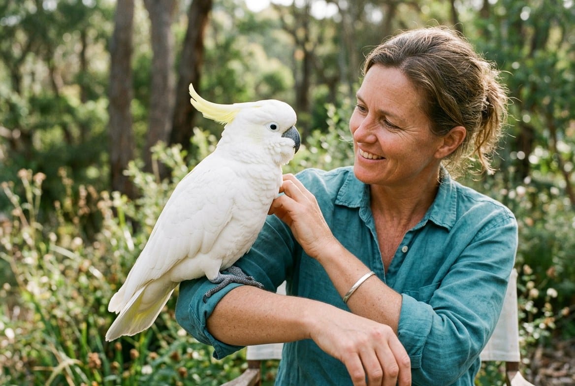 Cockatoo perched on an owner's arm during a calm handling session