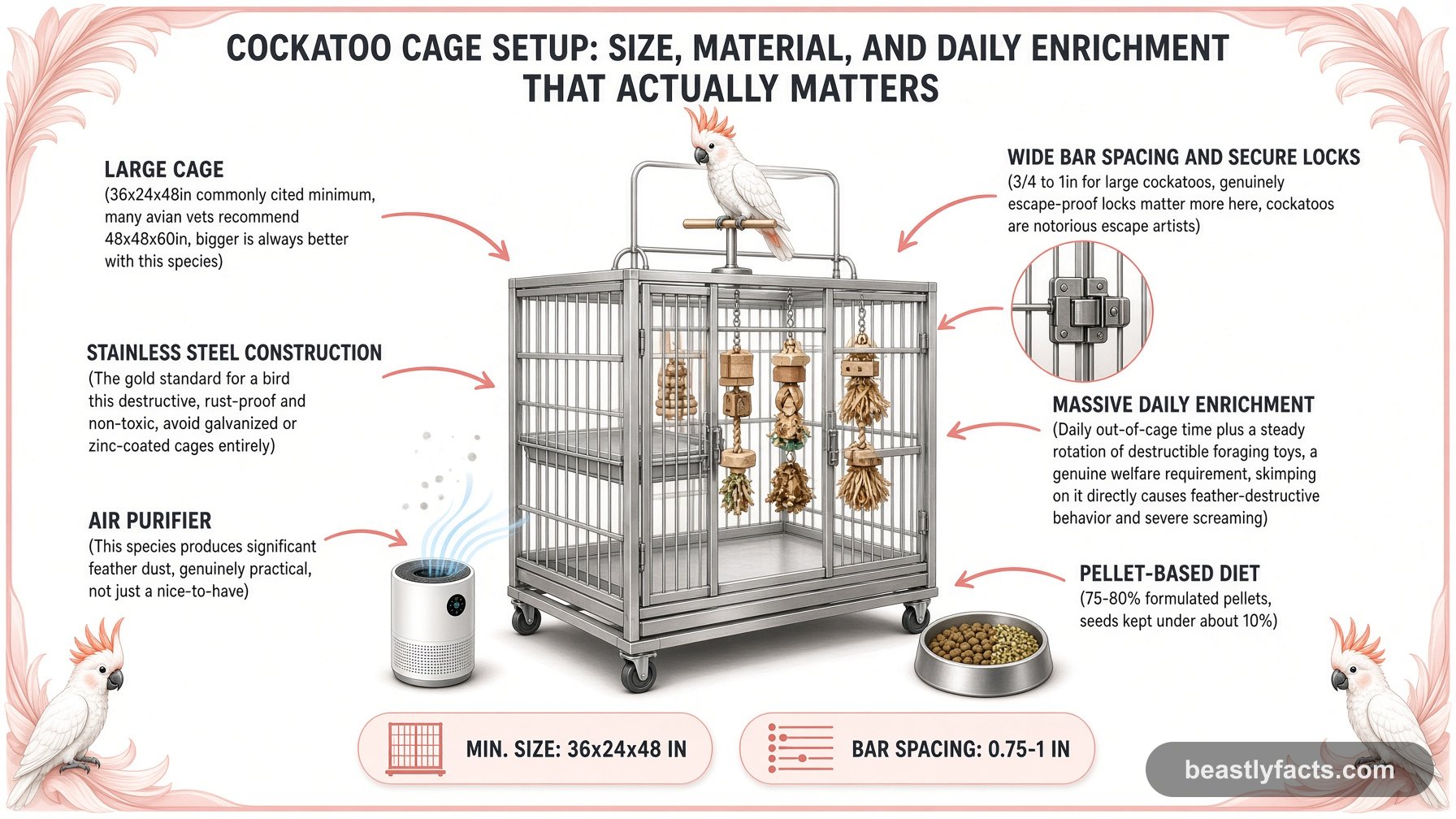 Labeled diagram of a cockatoo cage showing stainless steel construction, a rooftop play stand, and massive daily enrichment