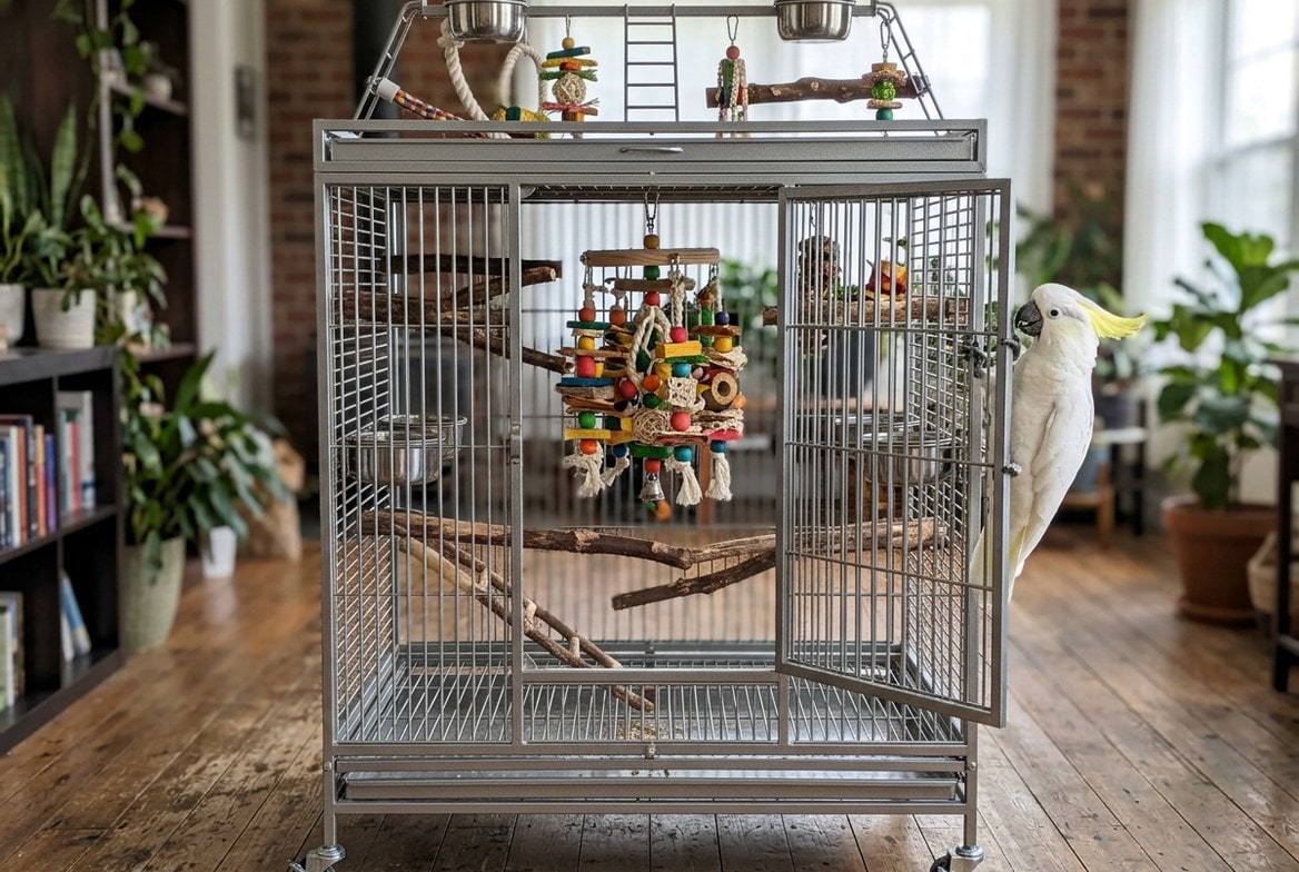 Large stainless steel cockatoo cage with foraging toys and a play stand attachment