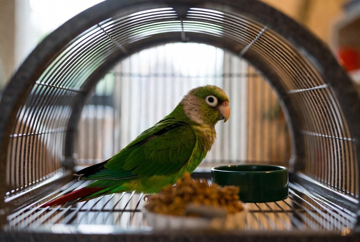 Green cheek conure perched beside its cage and foraging toys