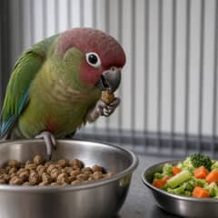 A green cheek conure eating pellets from a steel bowl beside a dish of chopped vegetables