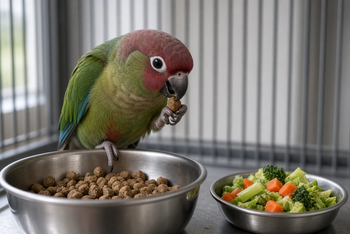 A green cheek conure eating pellets from a steel bowl beside a dish of chopped vegetables