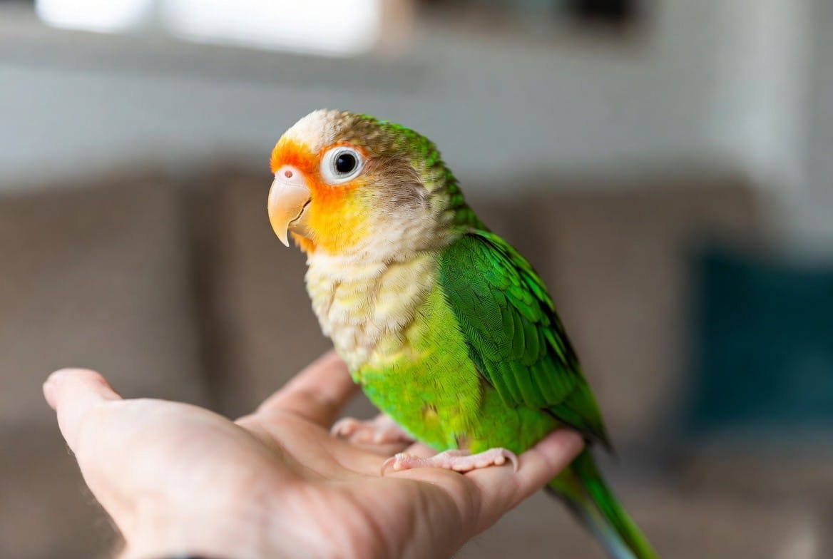 Green cheek conure perched calmly on its owner's hand