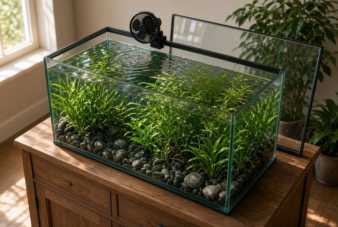 A box fan angled across the open top of an aquarium next to a room thermometer and a capped frozen water bottle, showing several ways to cool a tank without a chiller
