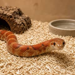 Corn snake in a fully equipped enclosure with hides and branches