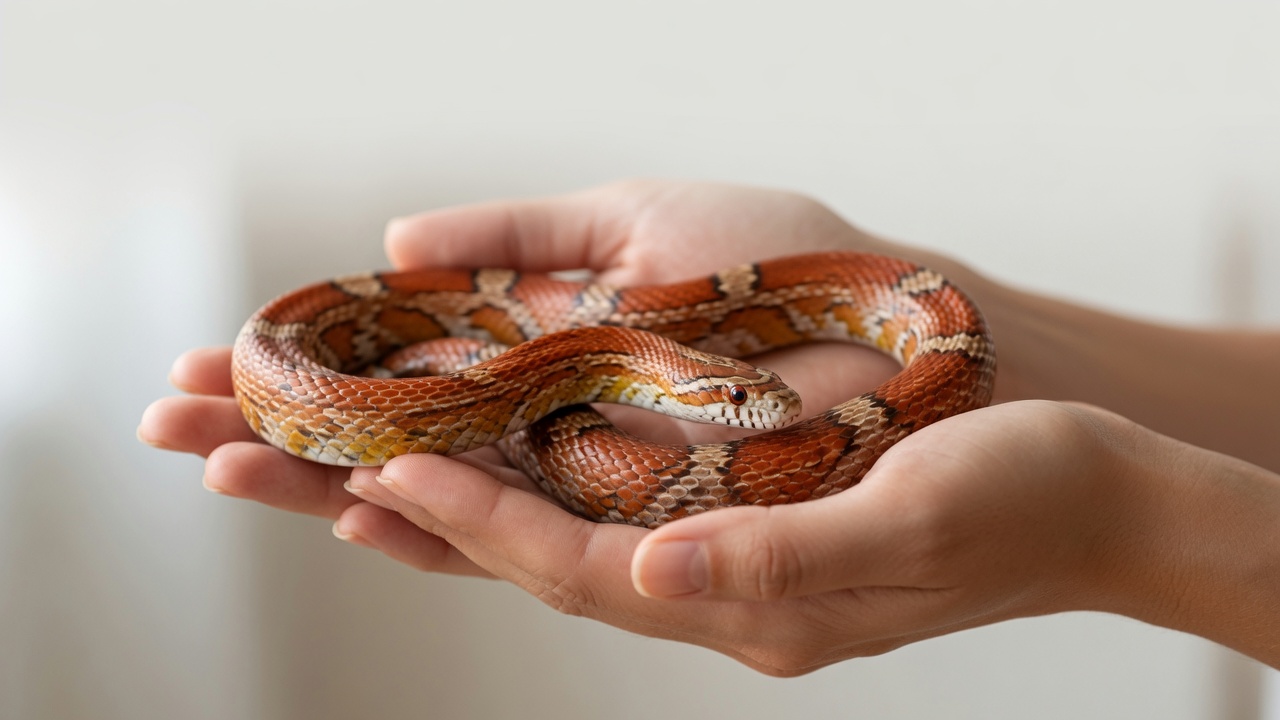 Corn snake being gently supported across two hands