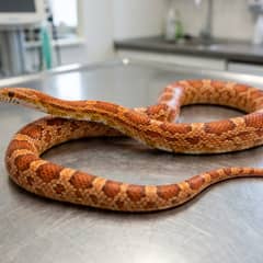 Corn snake coiled on a stainless steel exam table in a vet clinic