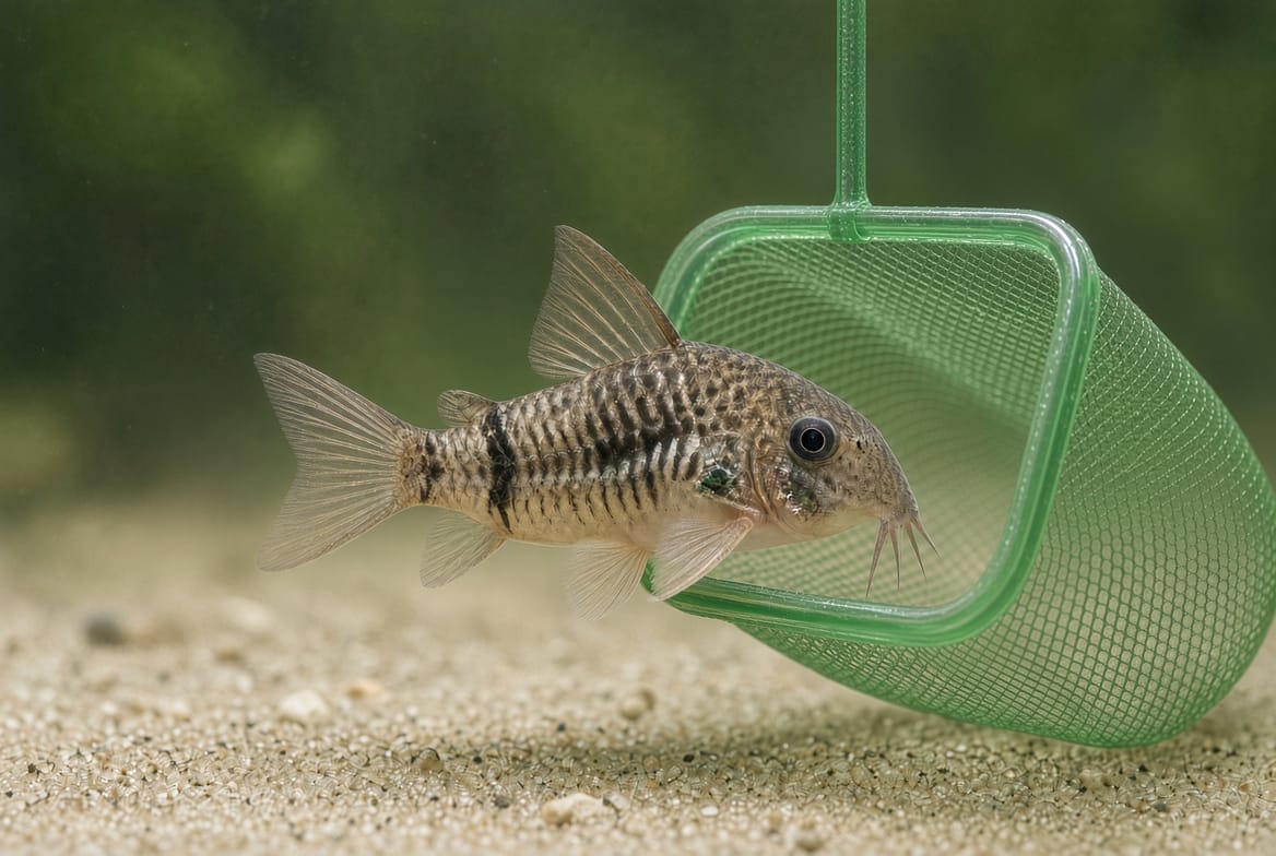 A group of corydoras catfish schooling together low over sand substrate