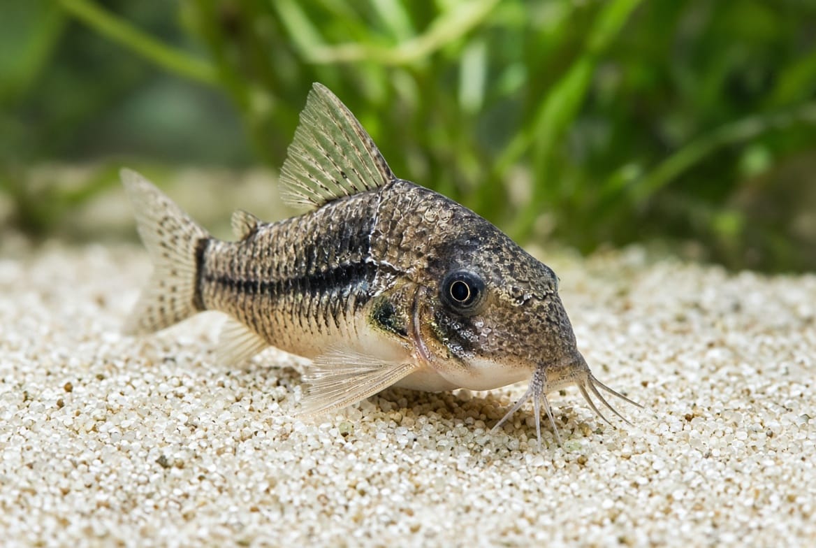 Close-up of a corydoras catfish foraging over sand substrate, showing its barbels