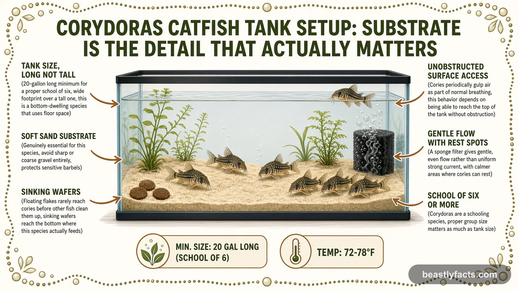 Labeled diagram of a corydoras catfish tank showing soft sand substrate, unobstructed surface access, and a school foraging near the bottom
