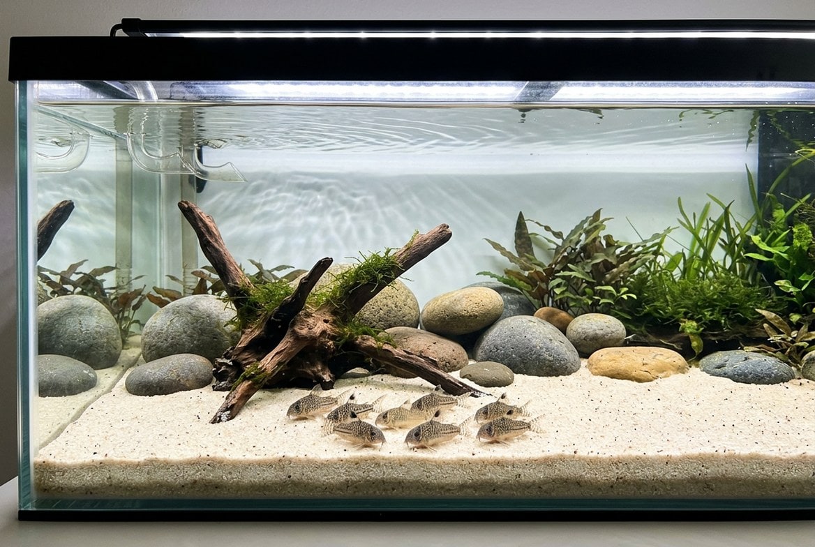 A corydoras catfish tank with soft sand substrate and a school foraging near the bottom
