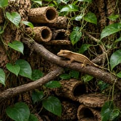 A crested gecko perched on a branch surrounded by foliage and cork tube hides