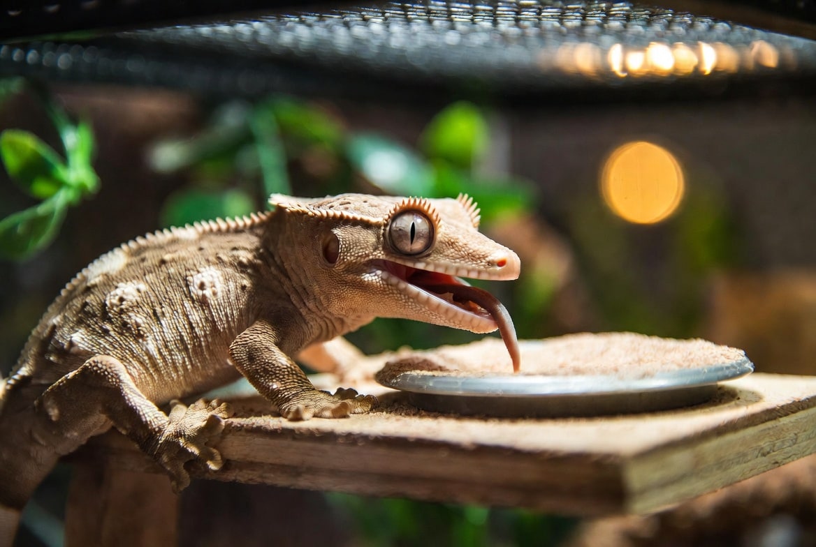 Crested gecko licking powdered crested gecko diet from a small dish