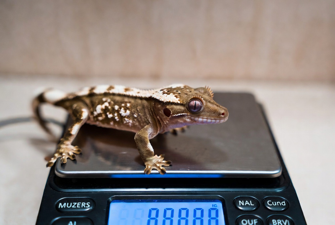 Crested gecko being weighed on a gram scale during a health check