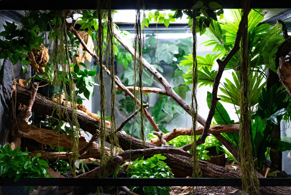 Vertical crested gecko enclosure with branches, vines, and foliage