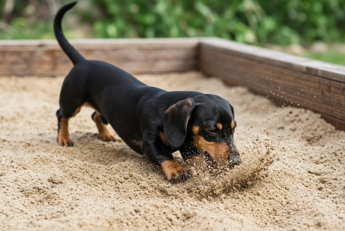 A dachshund digging into a sand pit with its nose buried, tail up