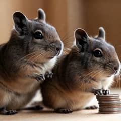 Two degus sitting together beside a small stack of coins