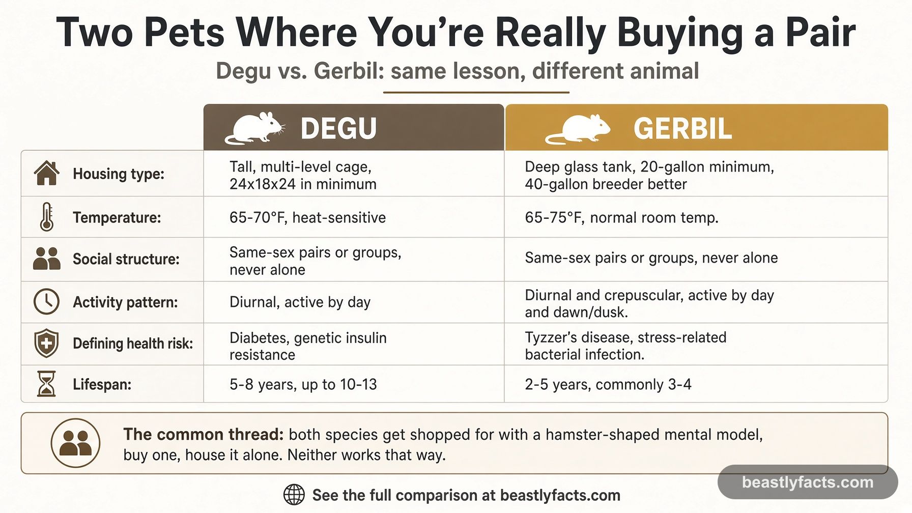 Comparison table of degu versus gerbil housing, temperature, social structure, activity pattern, defining health risk, and lifespan