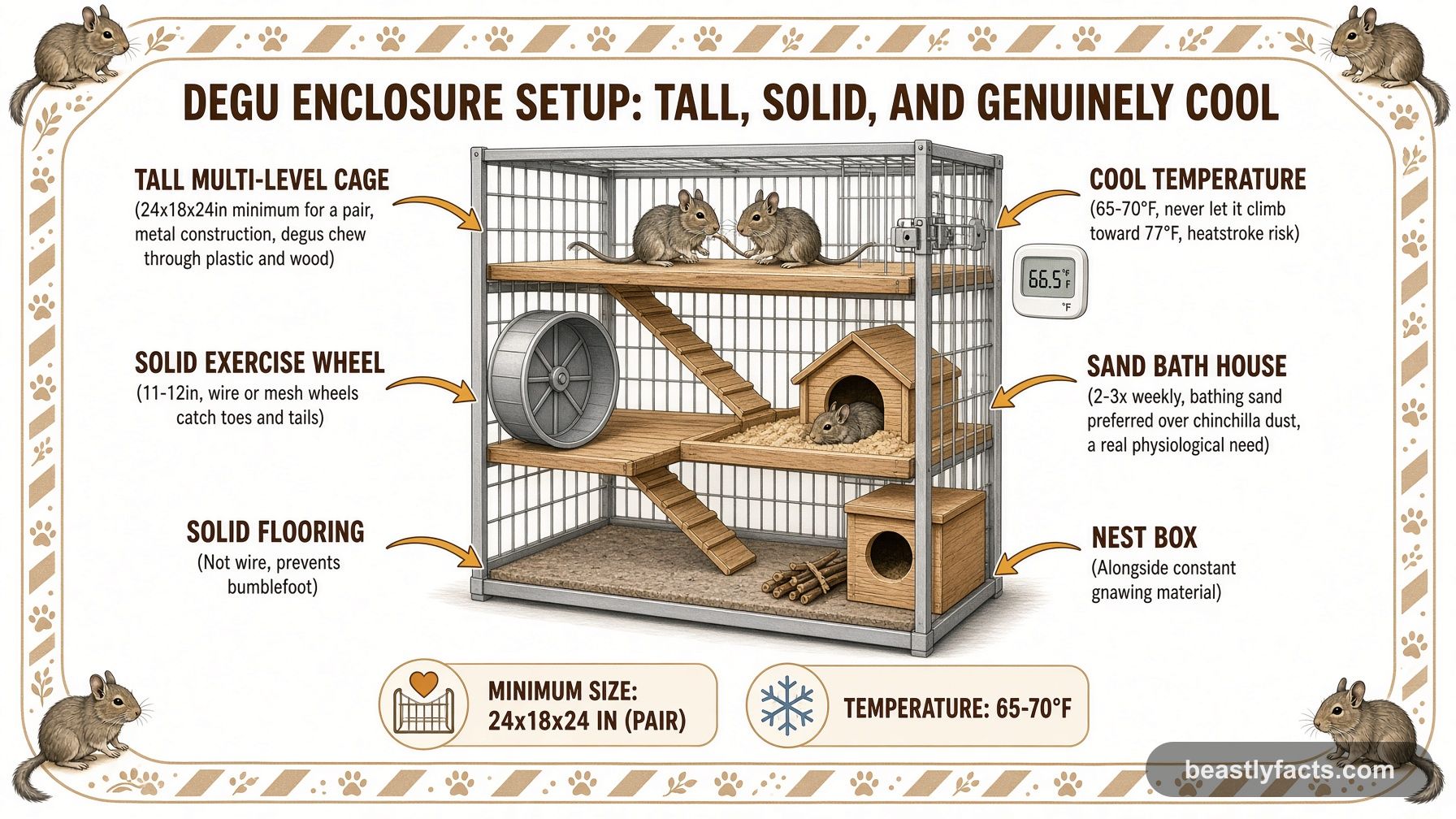 Labeled diagram of a degu enclosure showing the tall multi-level cage, solid exercise wheel, and sand bath house