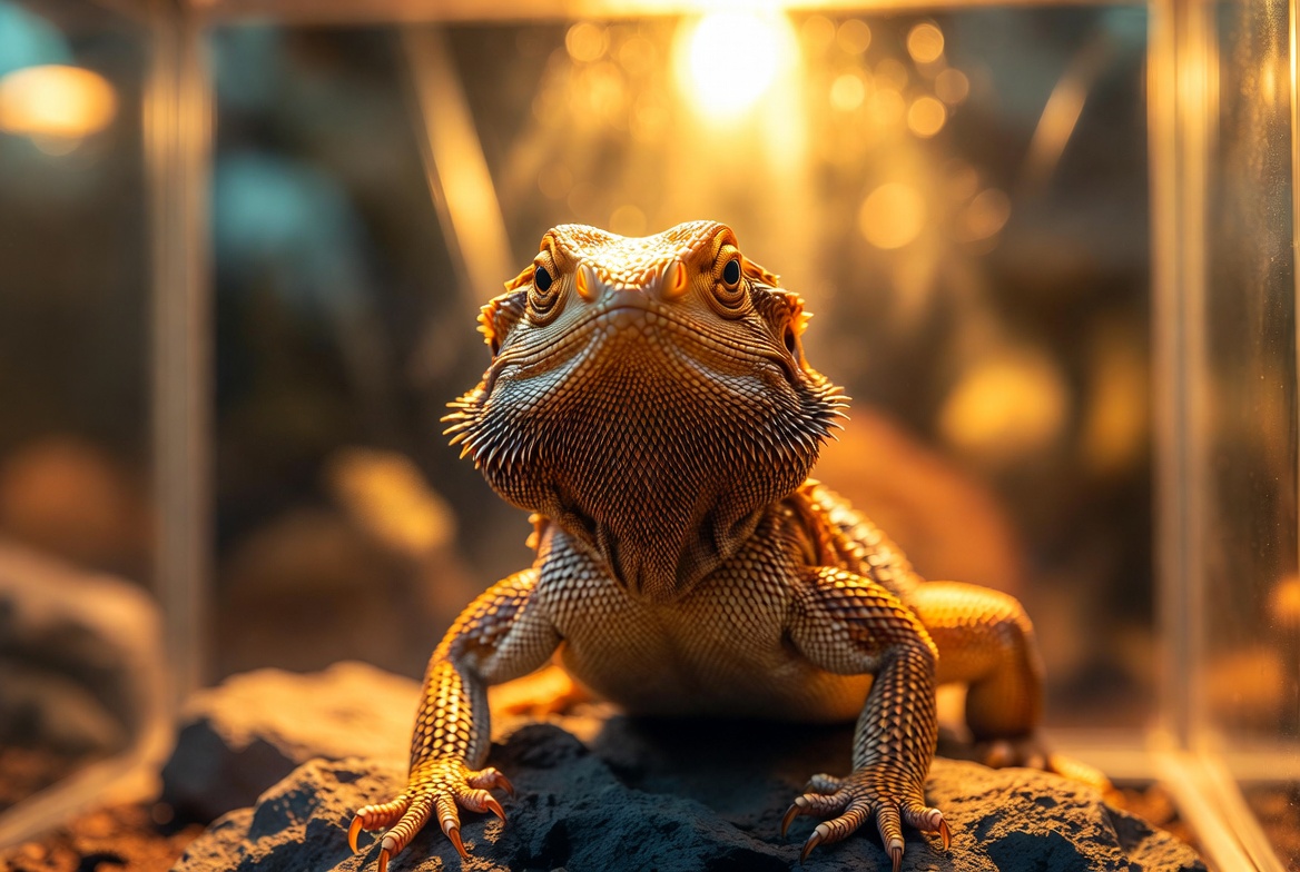 Dex the bearded dragon basking regally under his terrarium light