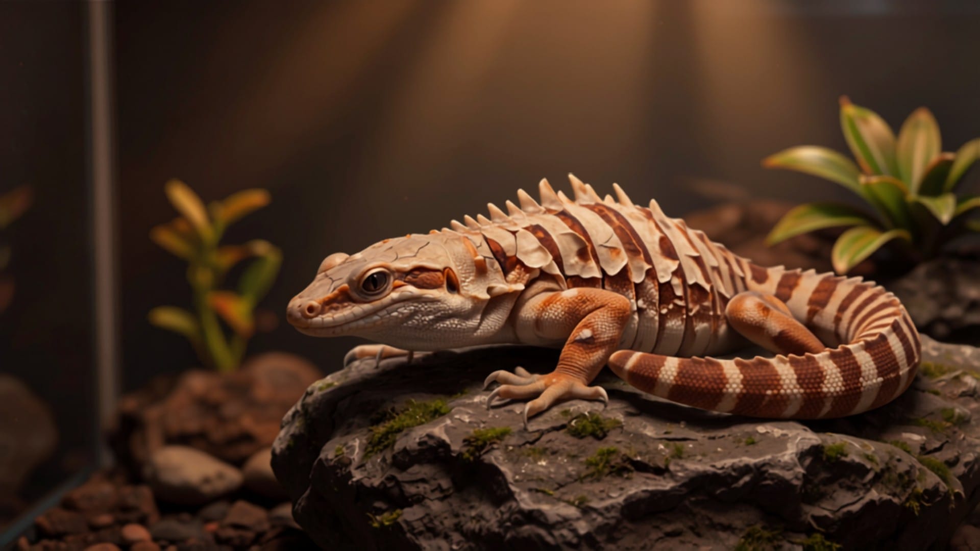 Bearded dragon rubs against a basking rock as dull, papery old skin peels away to reveal brighter gold scales underneath