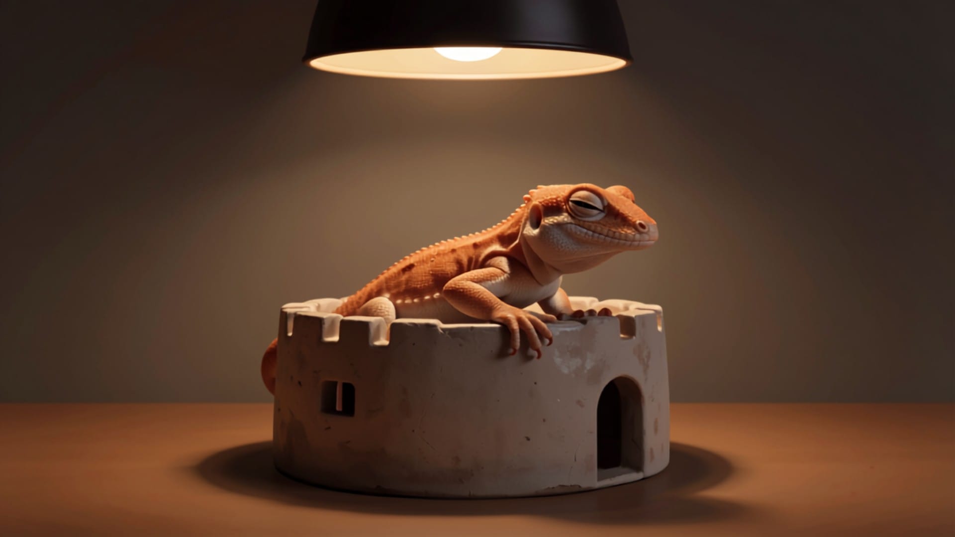 A bearded dragon perched contentedly inside a small ceramic turret ornament, warmed by terrarium lamp light.