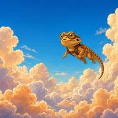 An illustrated bearded dragon gliding through clouds with its throat beard flared open wide like a parachute.