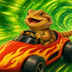 An illustrated bearded dragon behind the wheel of a small race car speeding through a glowing glass tunnel.