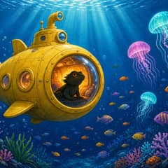 An illustrated bearded dragon in a small yellow submarine, surrounded by glowing deep-sea creatures.