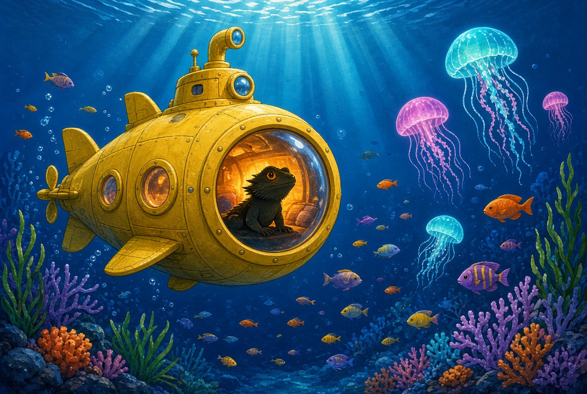 An illustrated bearded dragon in a small yellow submarine, surrounded by glowing deep-sea creatures.