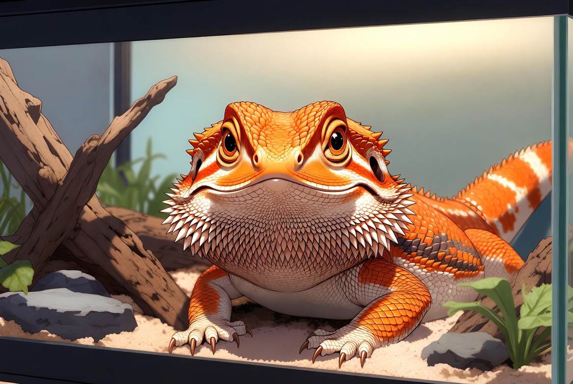 Bearded dragon confronts his reflection with fierce territorial intensity