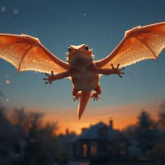 Bearded dragon soars on newly sprouted wings above his terrarium, house, and yard in a dream of flight