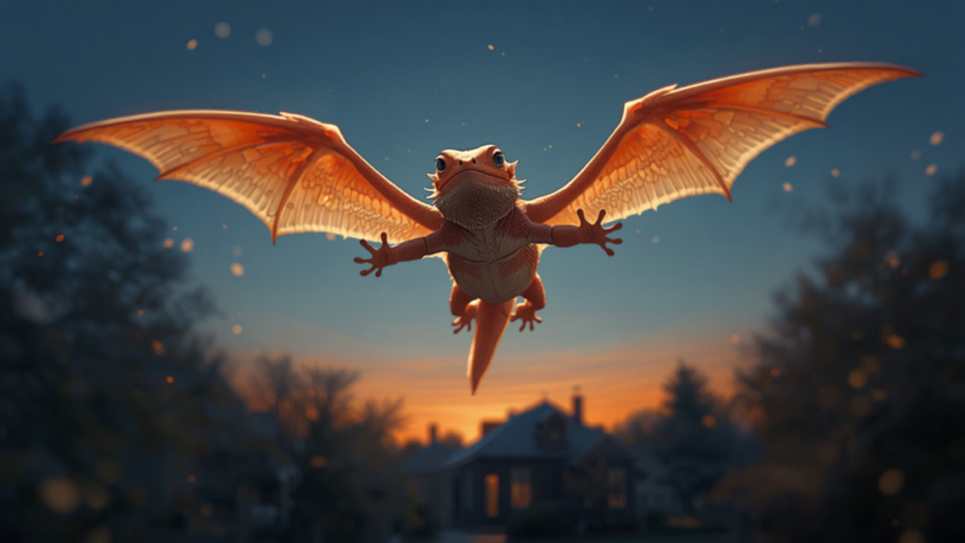 Bearded dragon soars on newly sprouted wings above his terrarium, house, and yard in a dream of flight