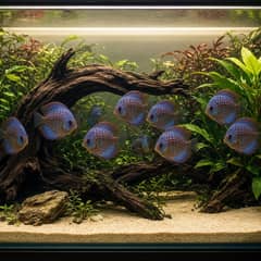 Tall discus aquarium with driftwood, broadleaf plants, and visible filtration equipment