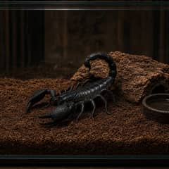Emperor scorpion beside its enclosure setup and feeder insects