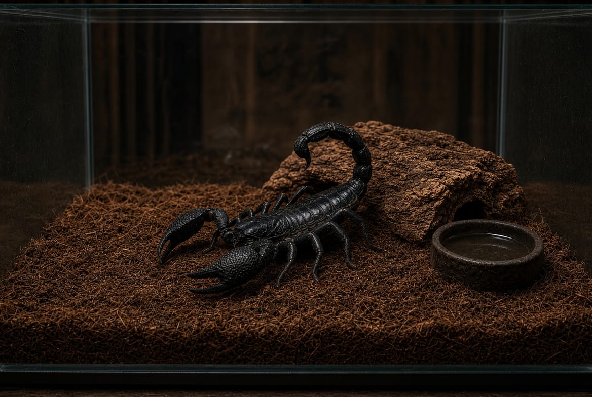 Emperor scorpion beside its enclosure setup and feeder insects