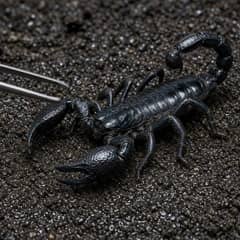 Emperor scorpion being gently guided with tongs during enclosure maintenance