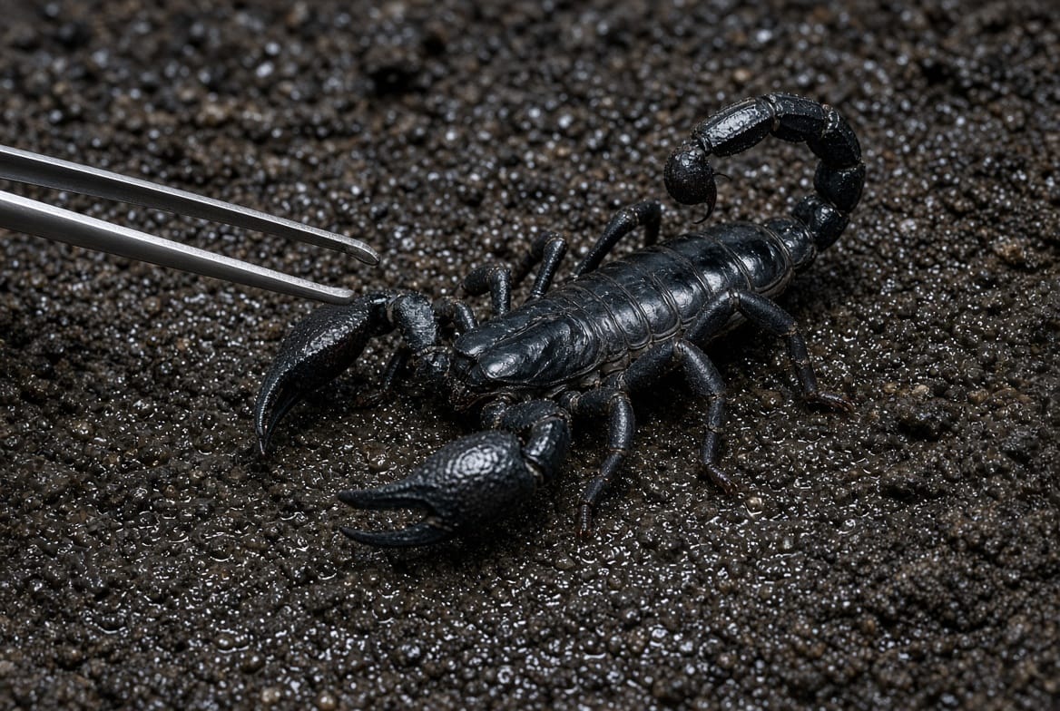 Emperor scorpion being gently guided with tongs during enclosure maintenance
