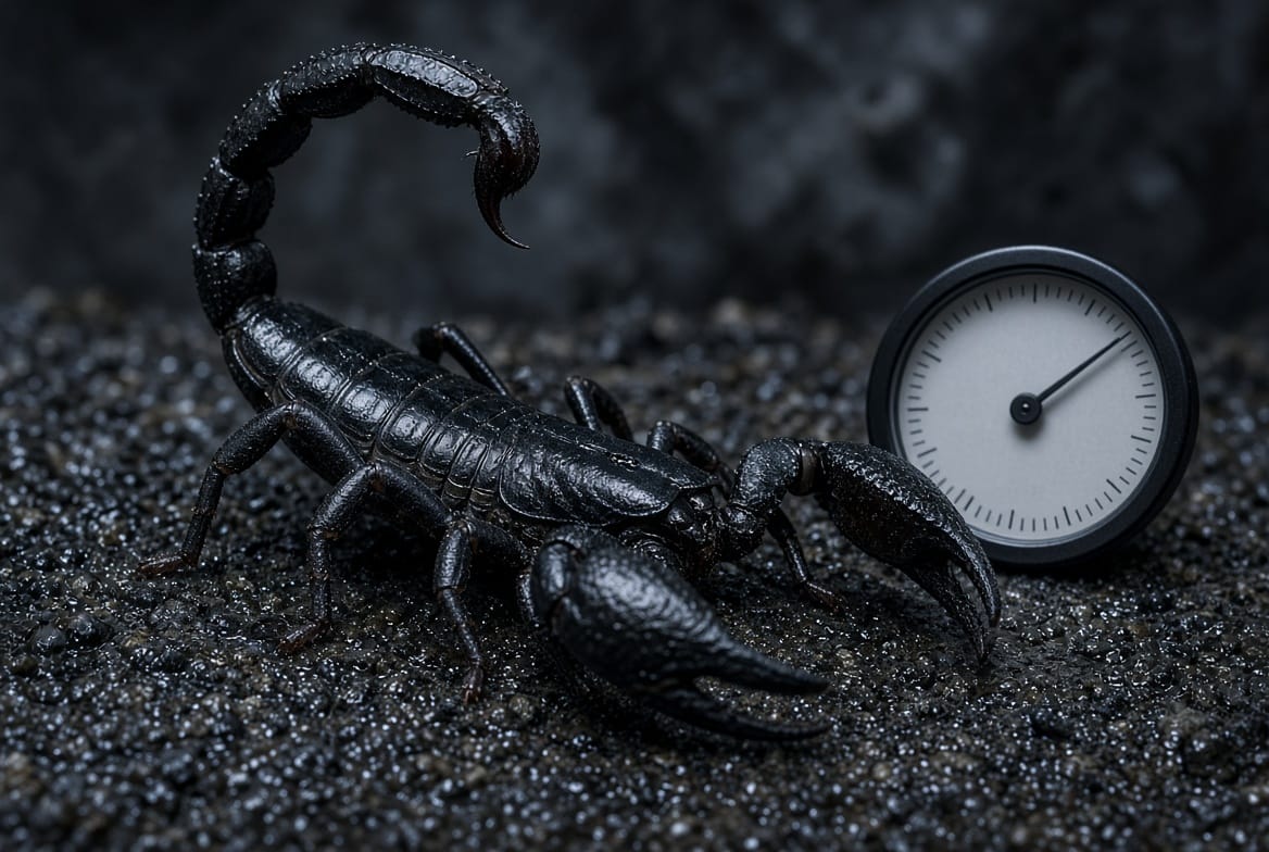 Emperor scorpion resting near its humid hide during a health check
