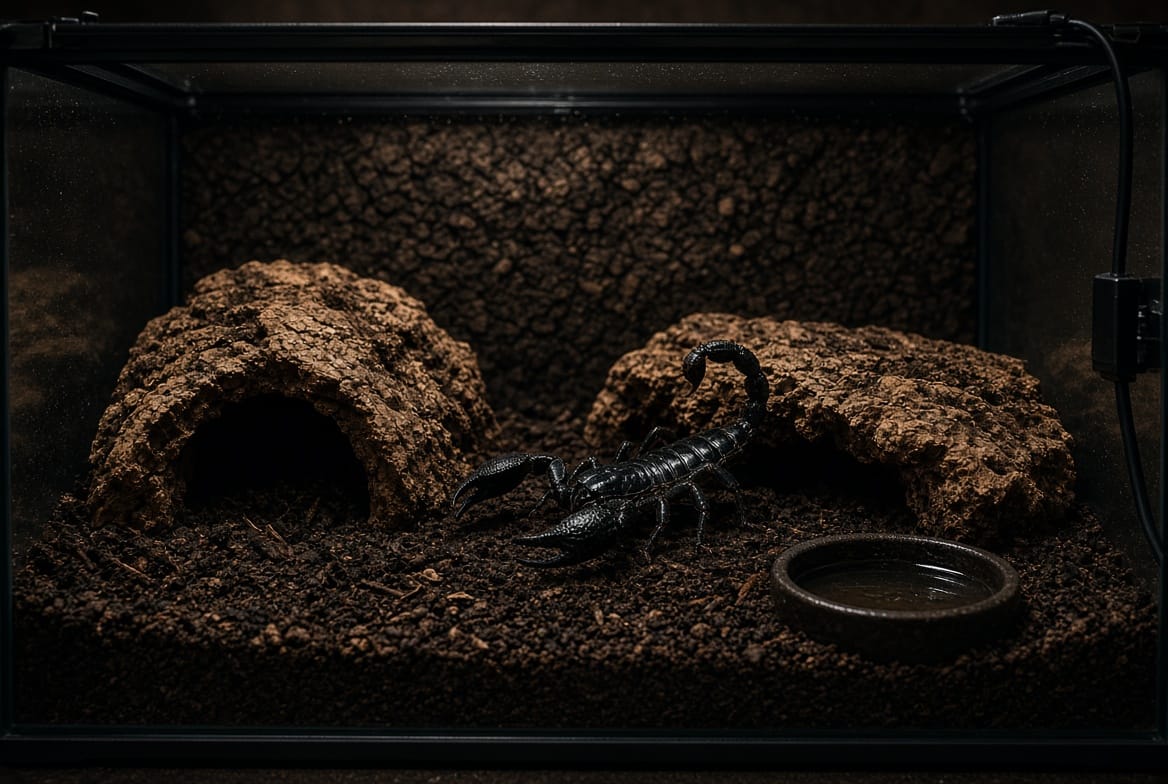 Emperor scorpion enclosure with deep substrate, cork bark hide, and shallow water dish