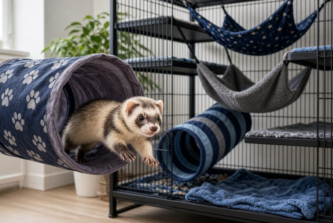 A ferret mid-leap out of a fabric tunnel in a multi-level enclosure