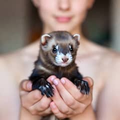 Person gently holding a ferret during a supervised play session