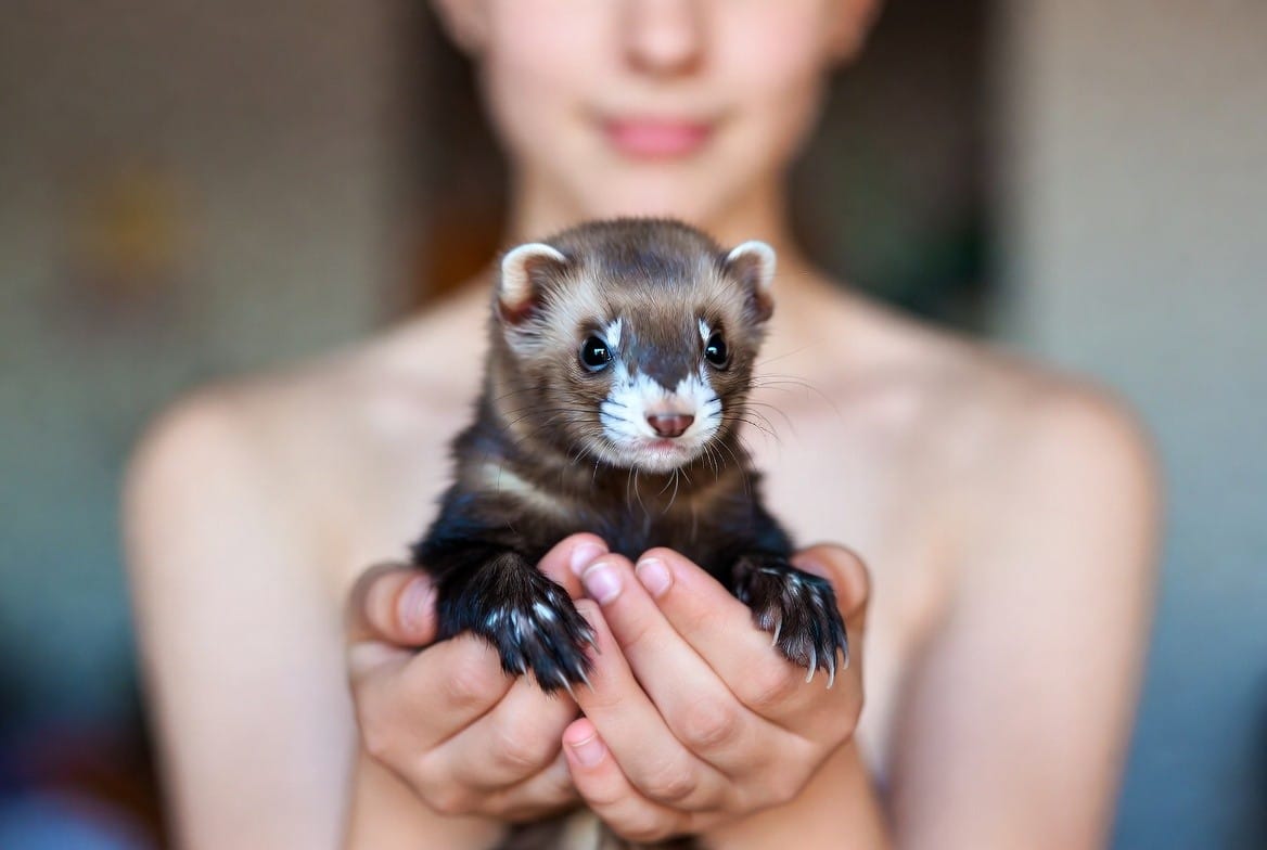 Person gently holding a ferret during a supervised play session