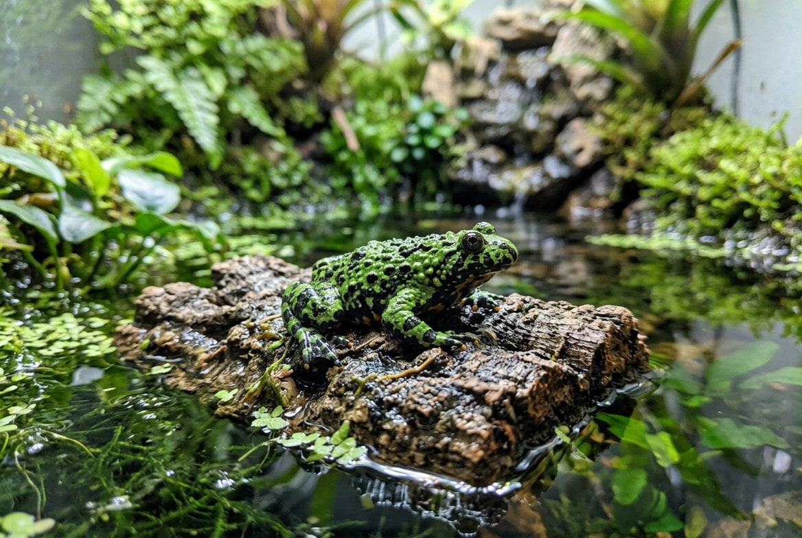 Oriental fire-bellied toad displaying its red-orange warning belly at the water's edge of a paludarium