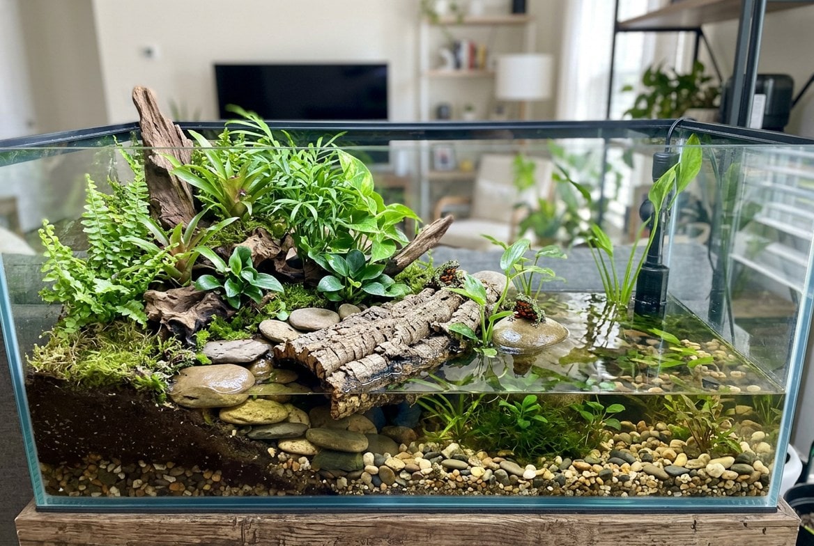 Fire-bellied toad paludarium enclosure with a land section and a filtered water section