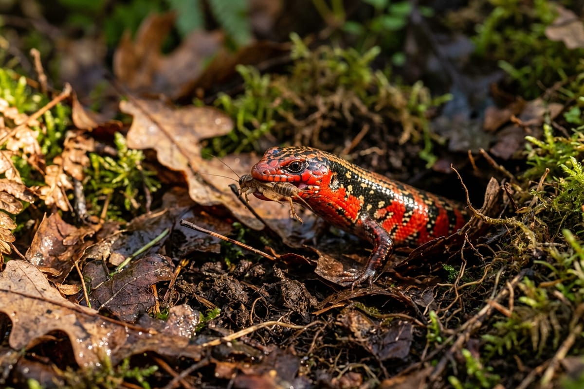 A red and black fire skink emerging from leaf litter with a cricket in its jaws