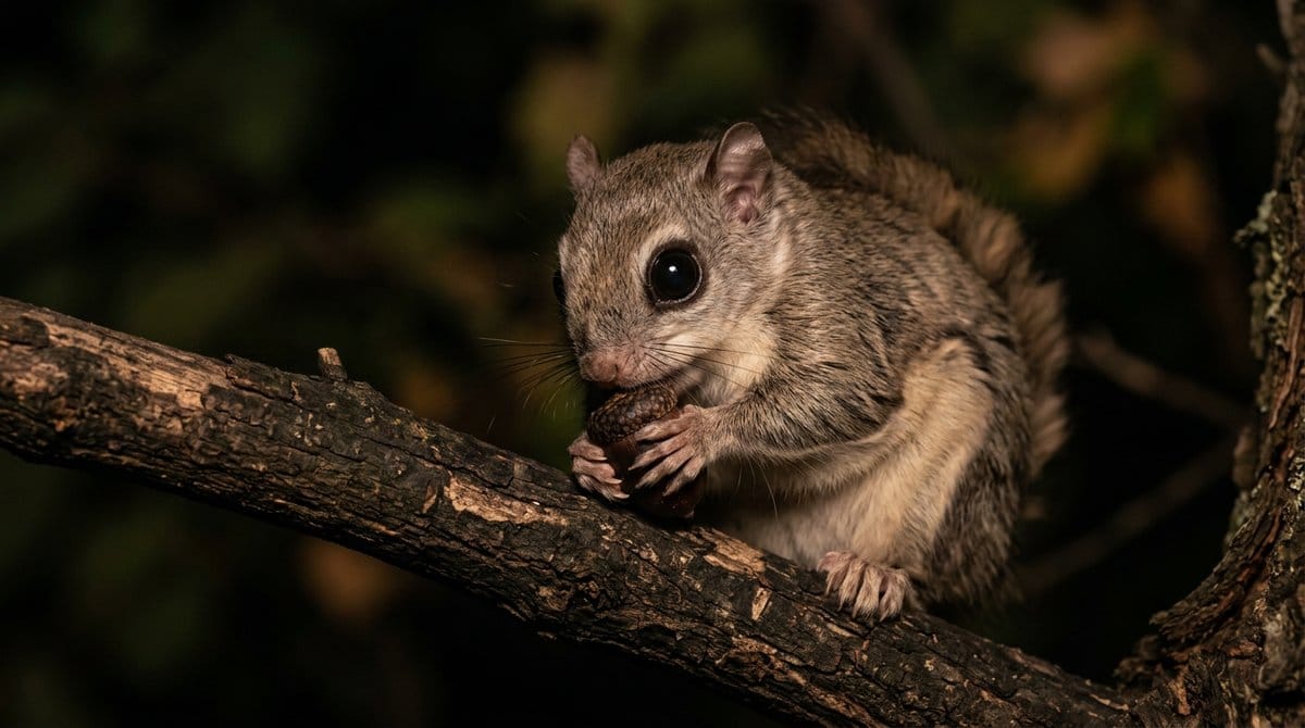 A flying squirrel eating a calcium-dusted mealworm while gripping a branch