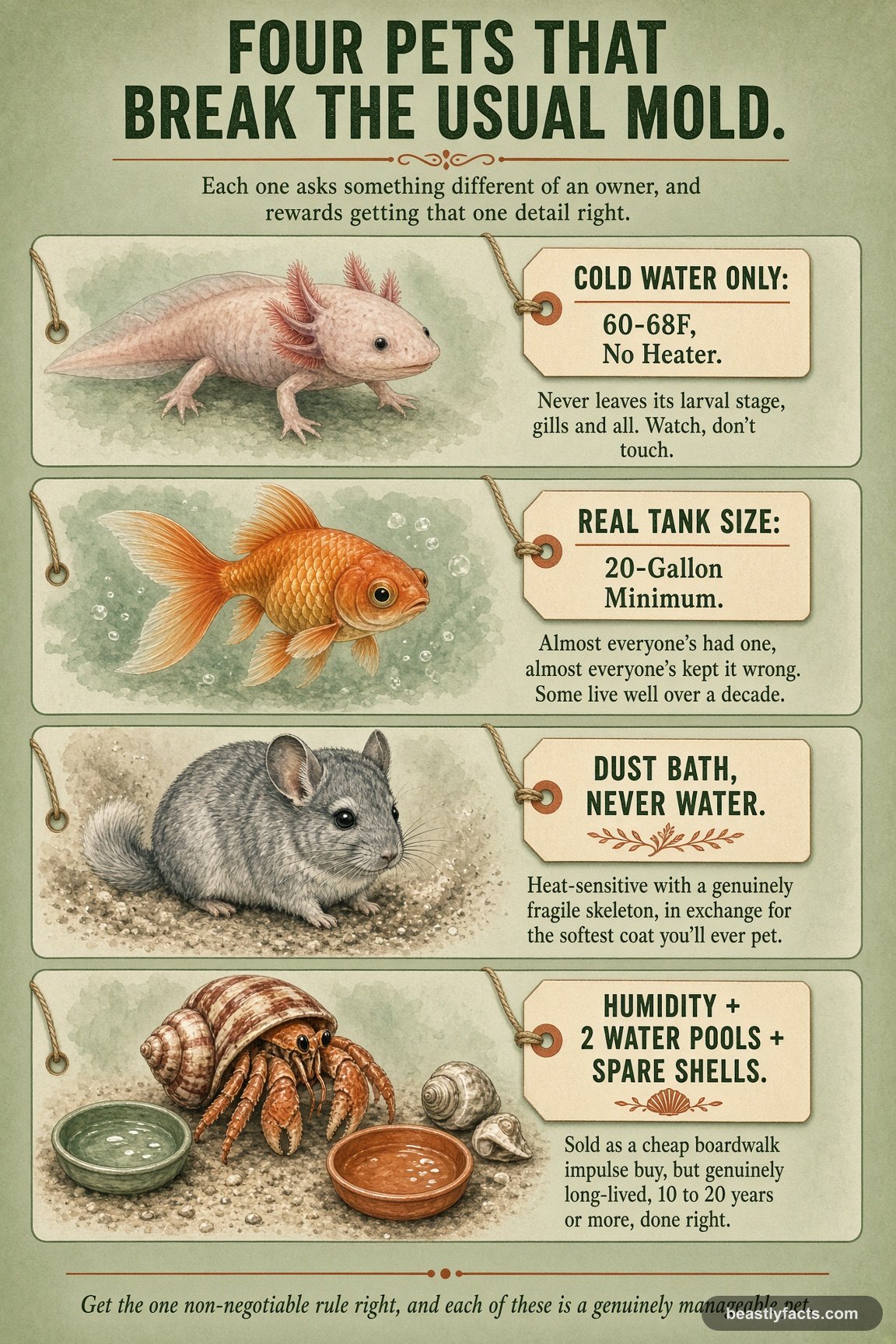 Portrait infographic comparing an axolotl, goldfish, chinchilla, and hermit crab, showing the one non-negotiable care rule for each
