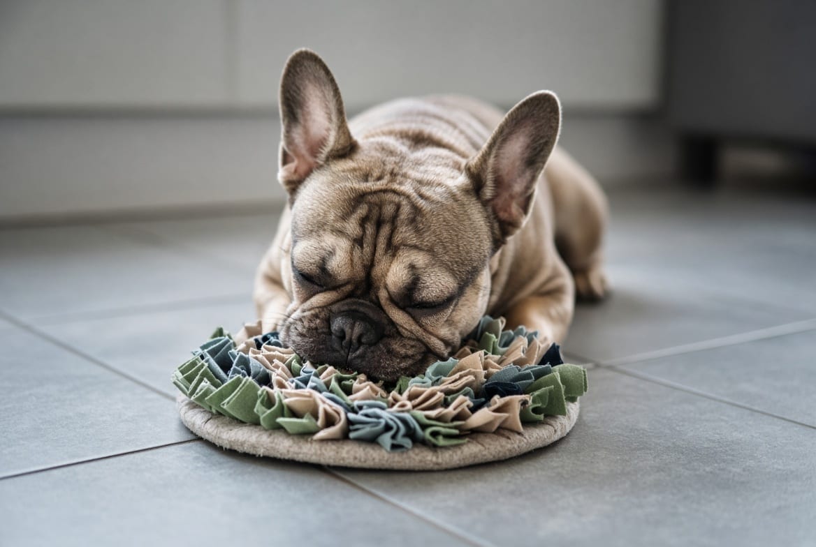 A french bulldog working a snuffle mat indoors on a cool floor