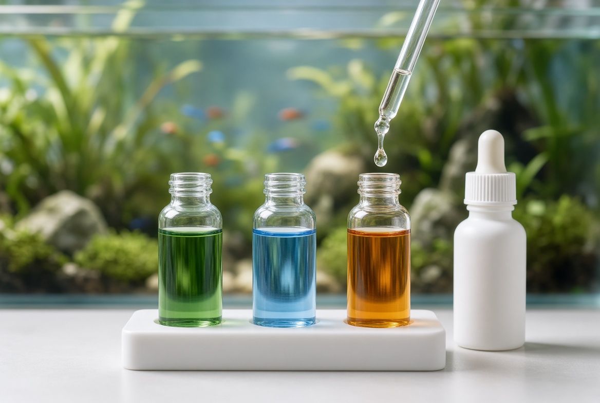 A liquid water test kit with color-coded vials for pH, GH, and KH set beside a coldwater goldfish tank